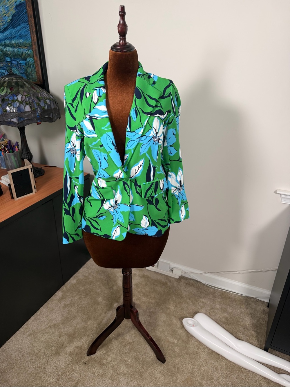 Boston Proper Bright Green Floral Tailored Blazer